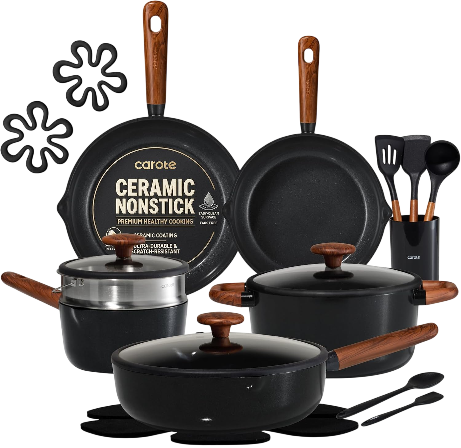 Carote 21Pcs Cookware Set Nonstick Pots and Pans Set Black